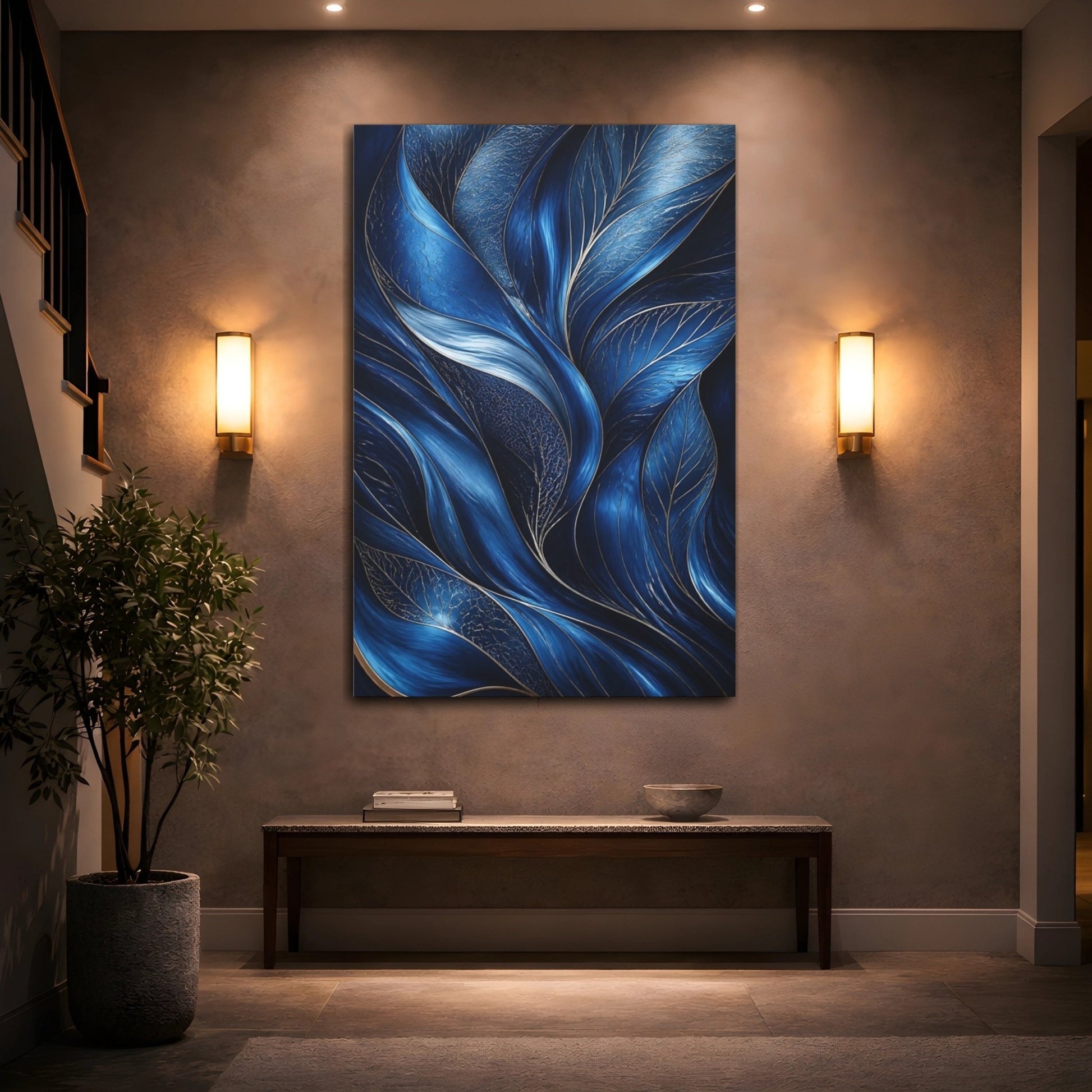 Floral Abstract Foliage Blue And Gold Canvas Print – Living Room, Above Couch, - YesArtYes
