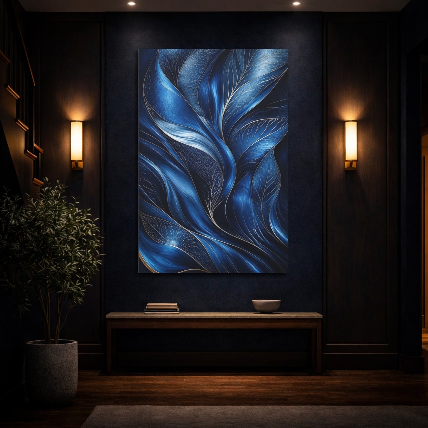 Floral Abstract Foliage Blue And Gold Canvas Print – Living Room, Above Couch, - YesArtYes