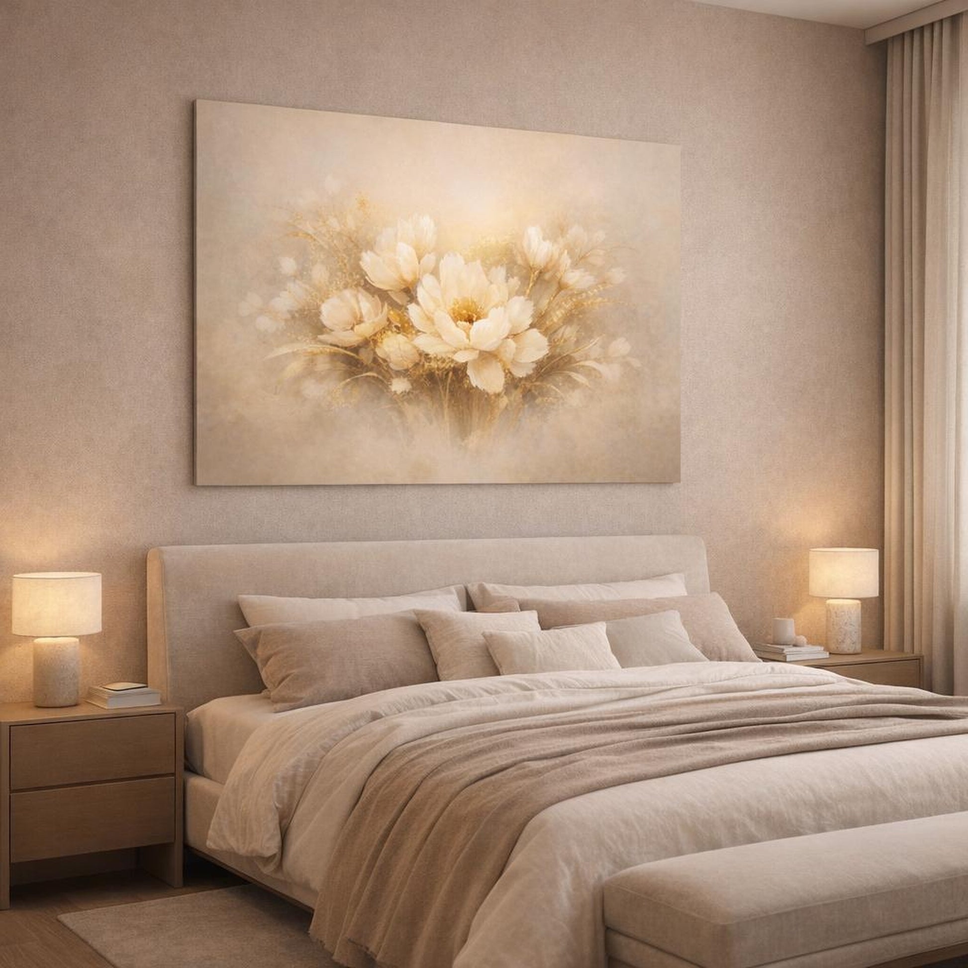 Floral Abstract Gold shown as canvas wall art in a luxury bedroom