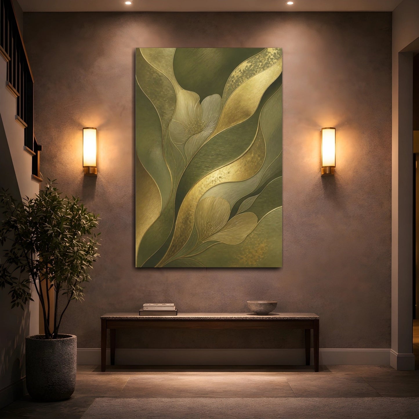 Floral Abstract Green And Gold Canvas Wall Art Print – Luxury Living Room, Above Couch - YesArtYes