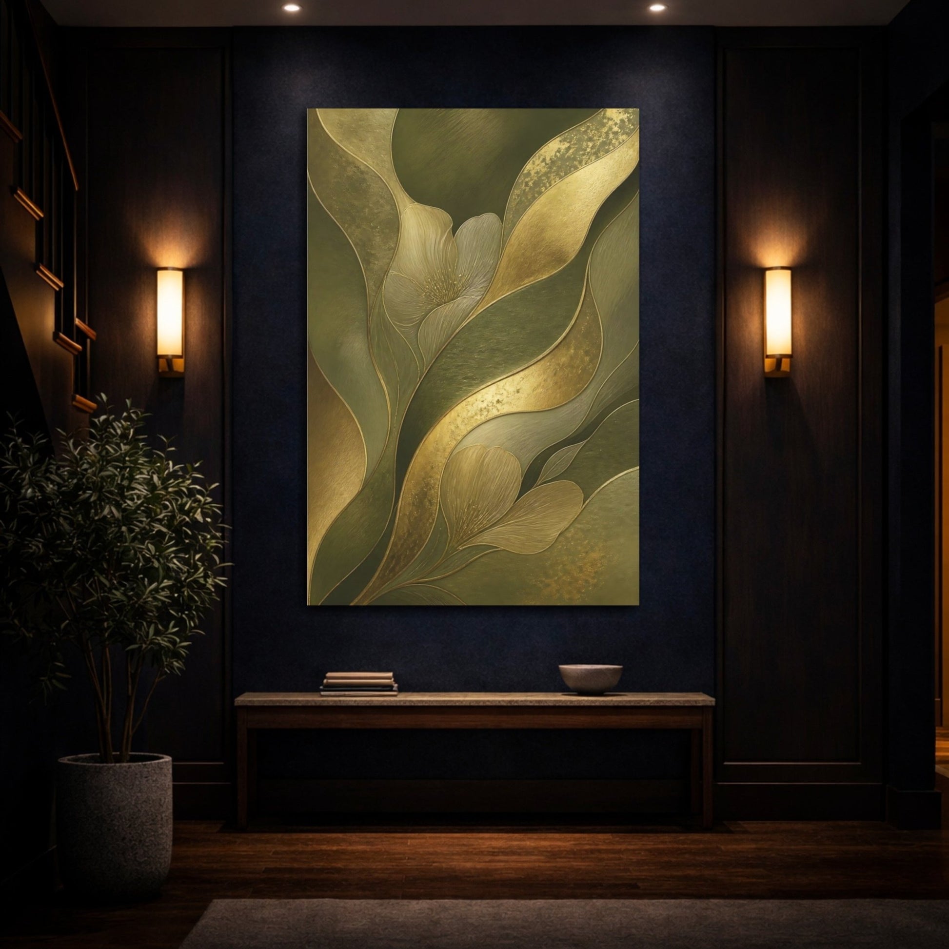 Floral Abstract Green And Gold Canvas Wall Art Print – Luxury Living Room, Above Couch - YesArtYes