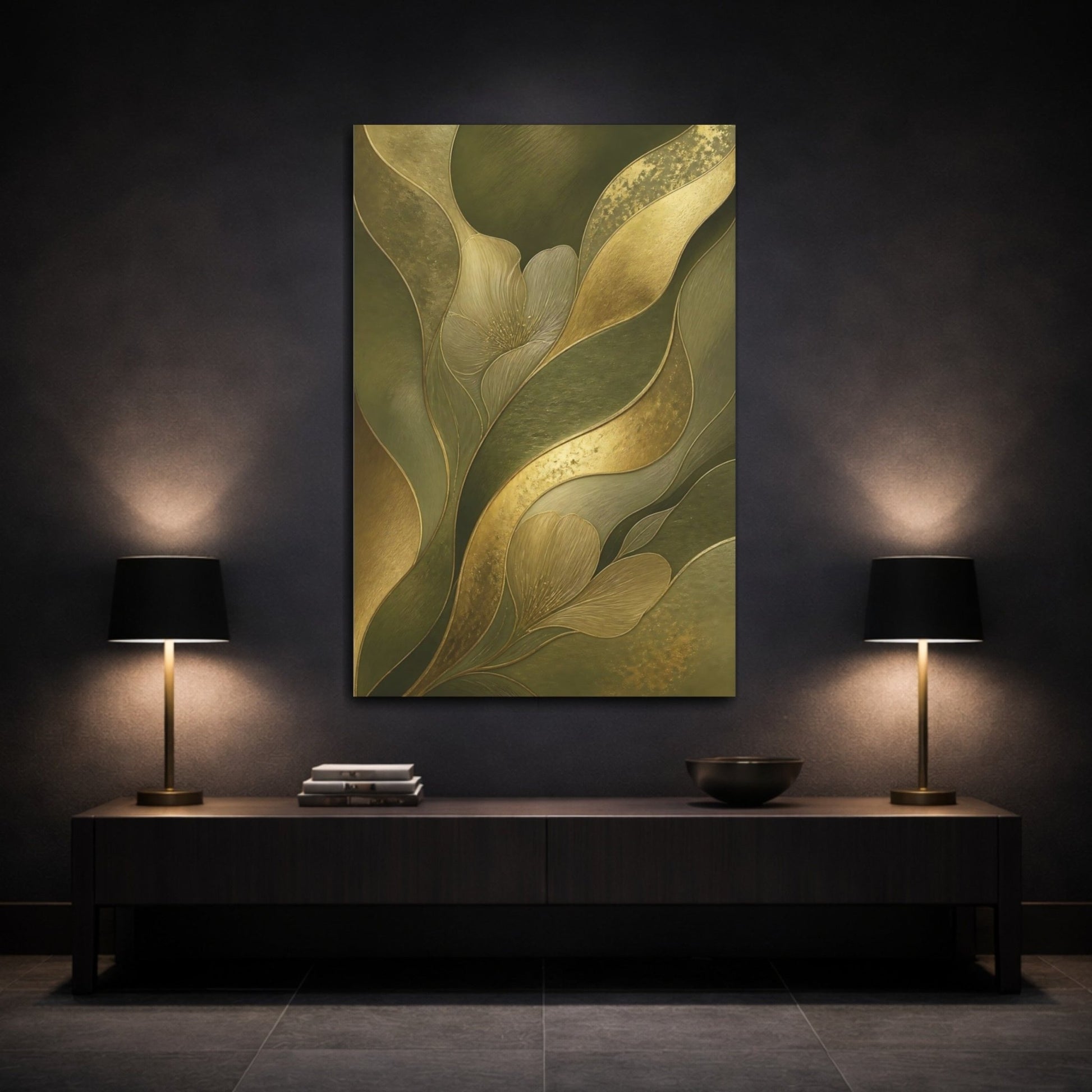 Floral Abstract Green And Gold Canvas Wall Art Print – Luxury Living Room, Above Couch - YesArtYes