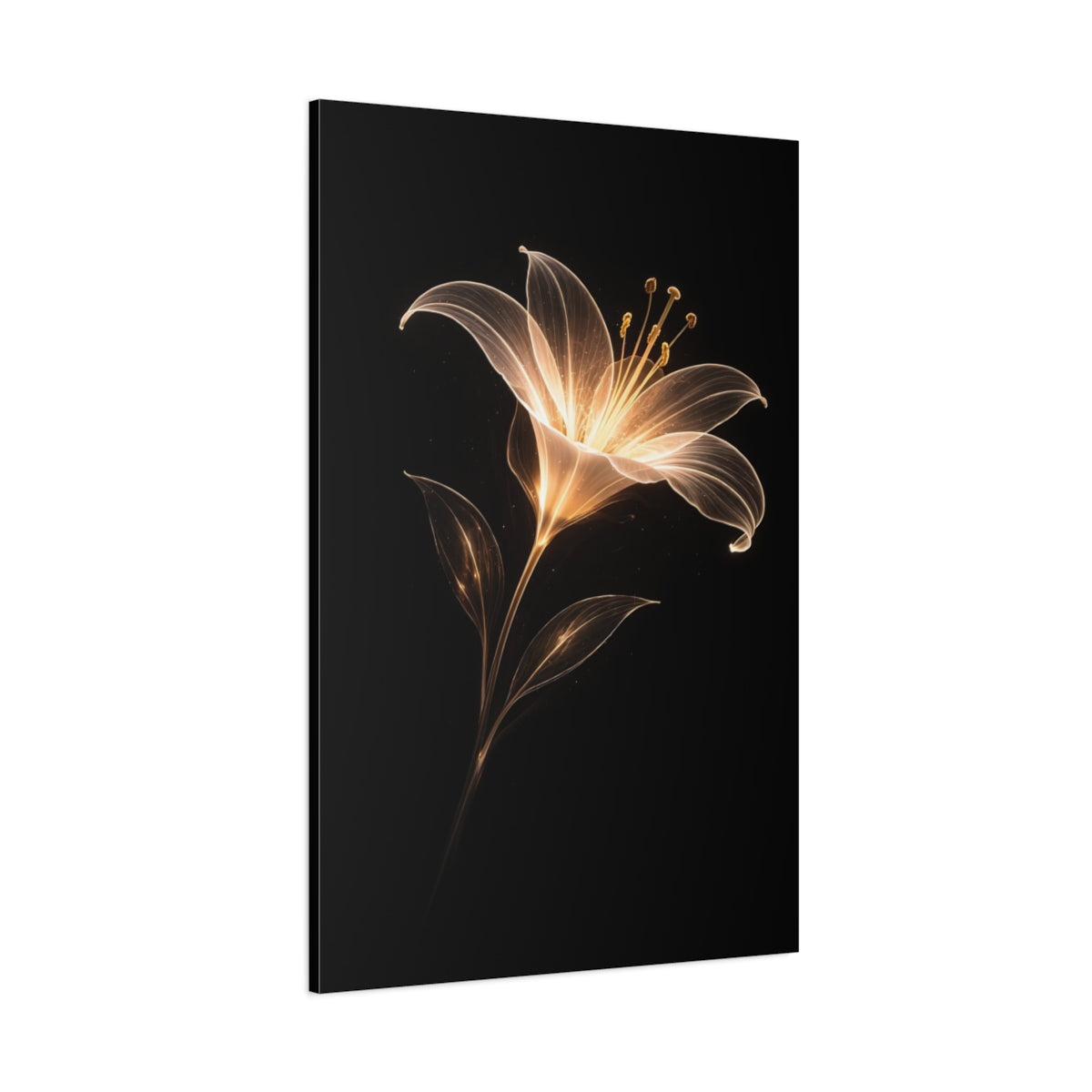 Main Mockup. Floral Abstract Lily Gold And Black shown as stretched canvas wall art