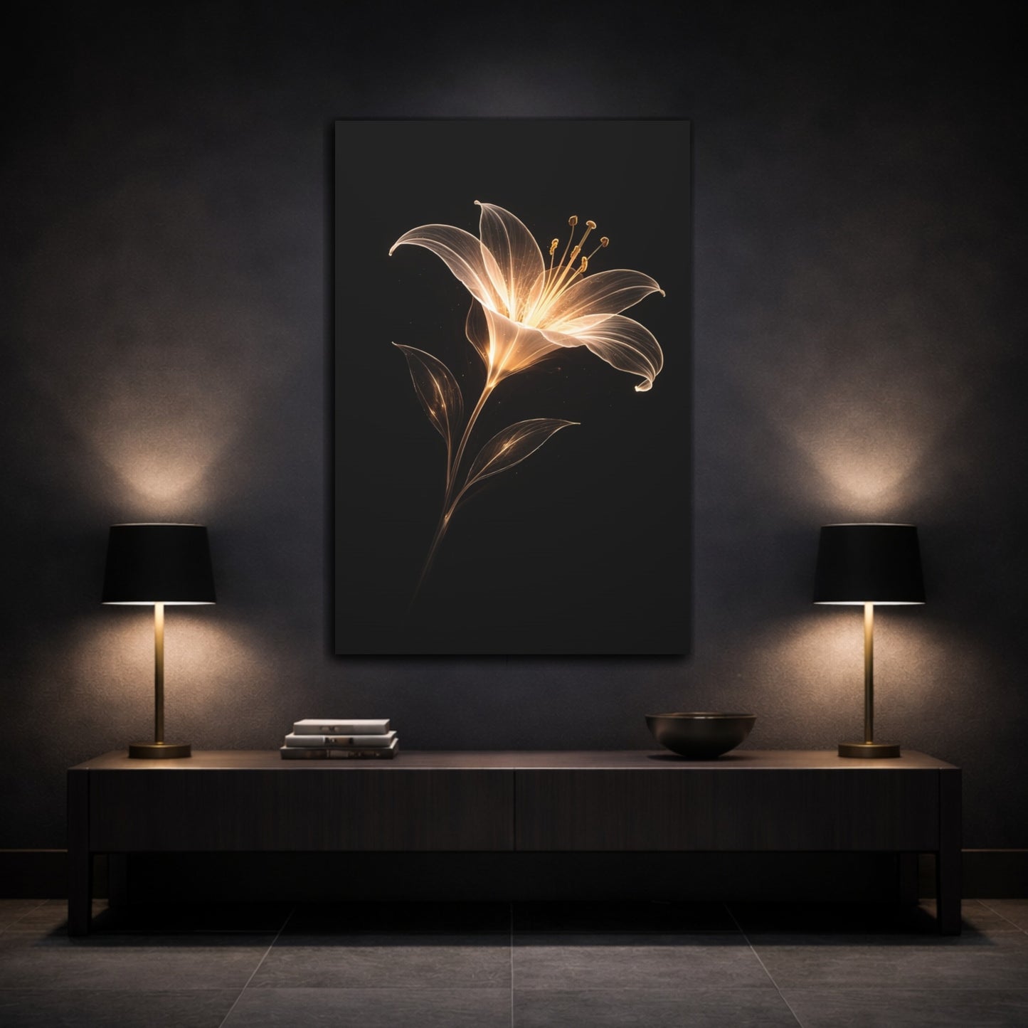 Mockup 2. Floral Abstract Lily Gold And Black shown as stretched canvas wall art