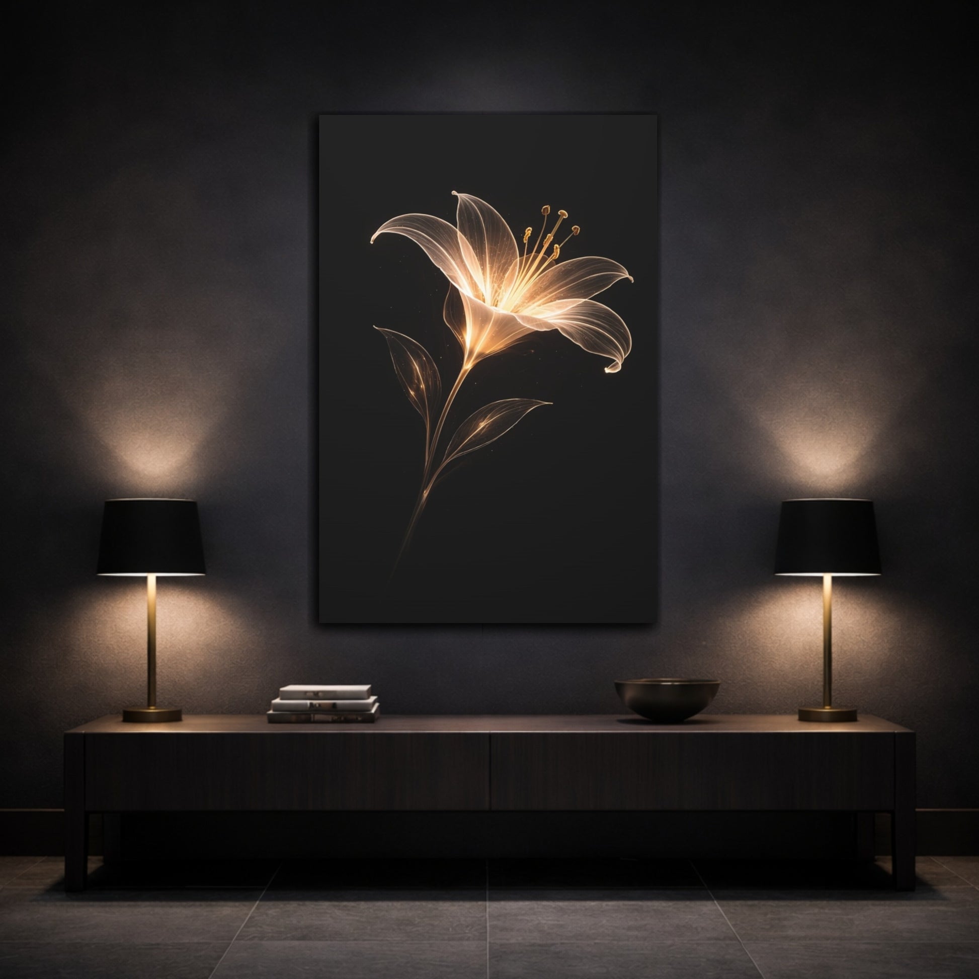 Mockup 2. Floral Abstract Lily Gold And Black shown as stretched canvas wall art