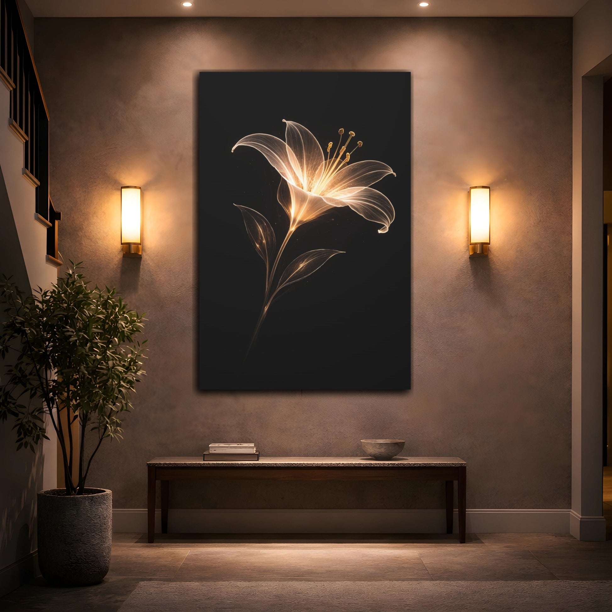 Mockup 3. Floral Abstract Lily Gold And Black shown as stretched canvas wall art