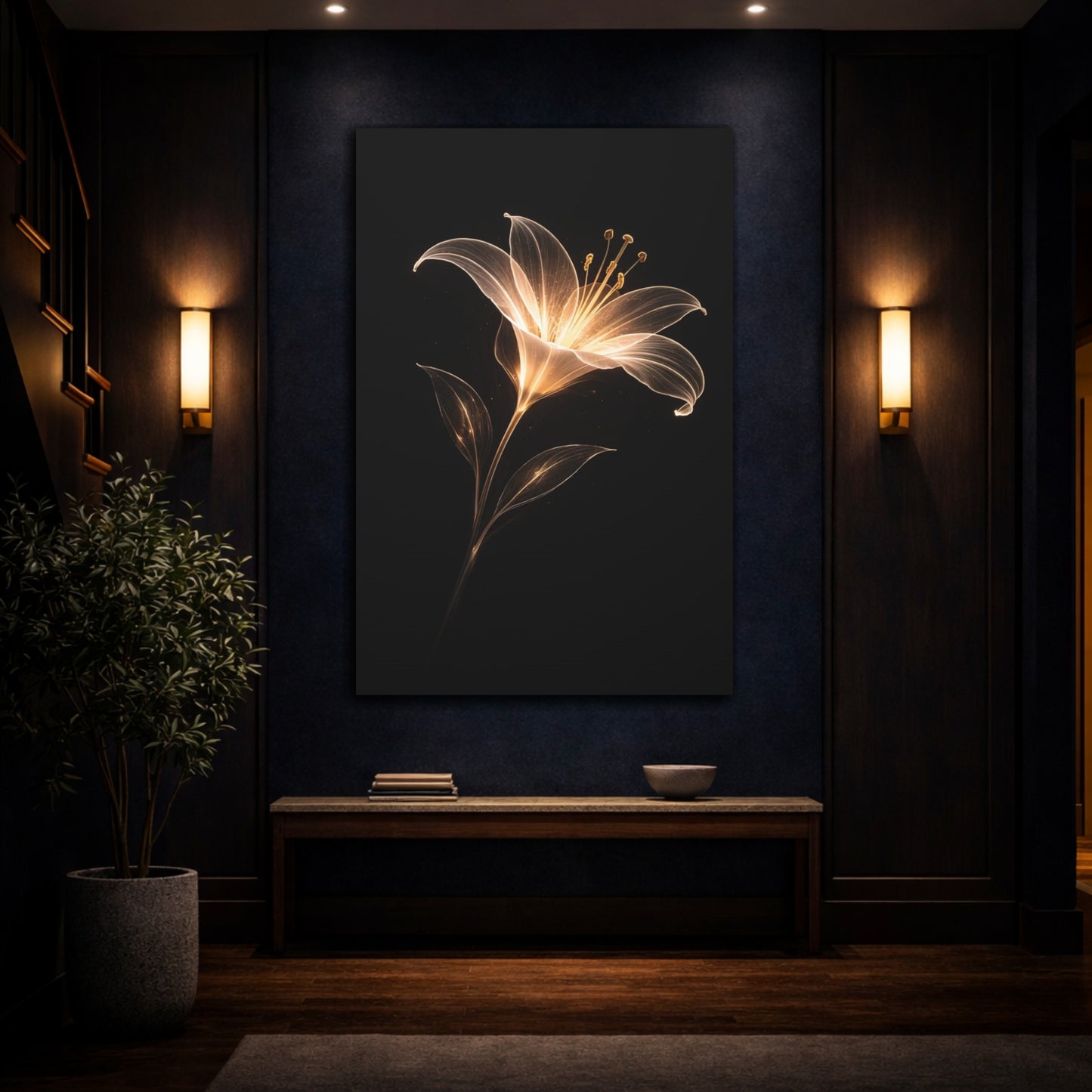 Mockup 4. Floral Abstract Lily Gold And Black shown as stretched canvas wall art