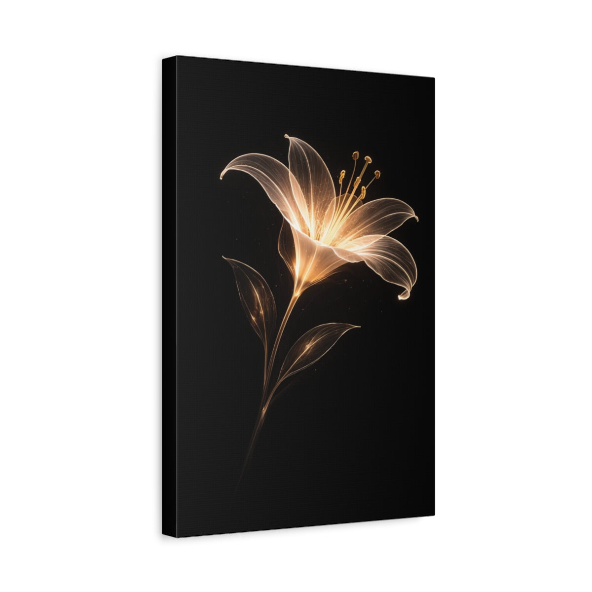 Side Mockup 4. Floral Abstract Lily Gold And Black shown as stretched canvas wall art