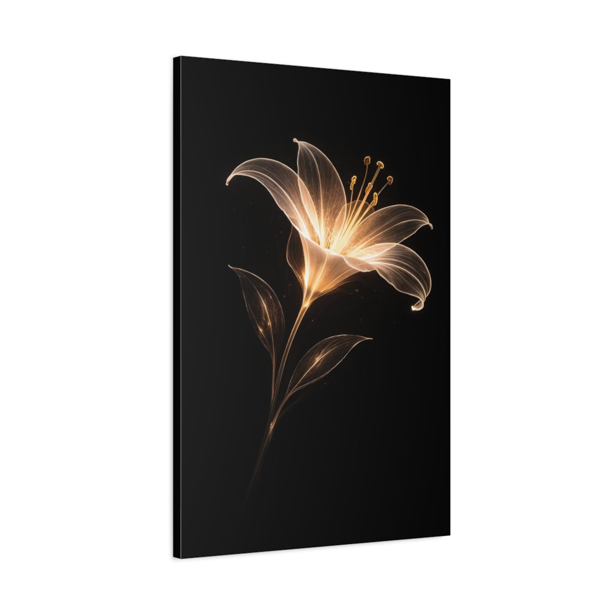 Side Mockup 1. Floral Abstract Lily Gold And Black shown as stretched canvas wall art