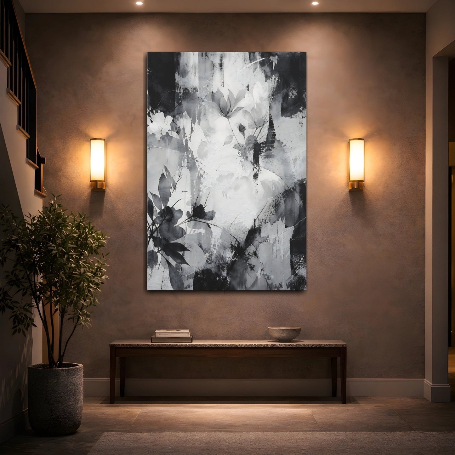 Floral Abstract Monochrome Canvas Print – Decor for Living Room, Above Fireplace - YesArtYes