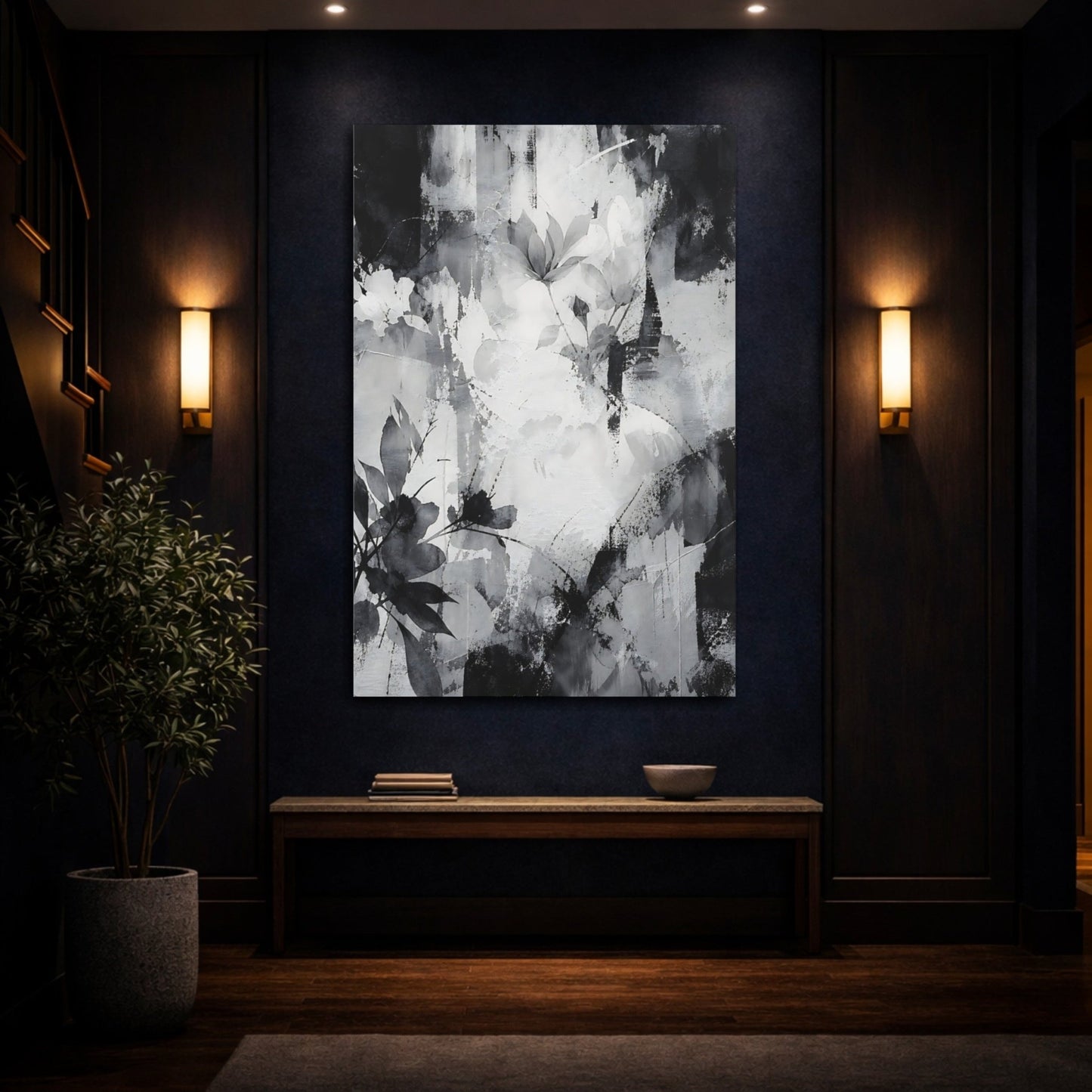 Floral Abstract Monochrome Canvas Print – Decor for Living Room, Above Fireplace - YesArtYes