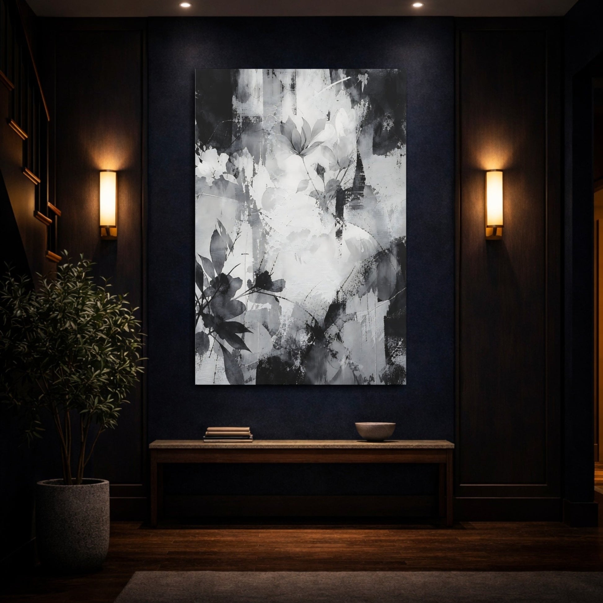Floral Abstract Monochrome Canvas Print – Decor for Living Room, Above Fireplace - YesArtYes