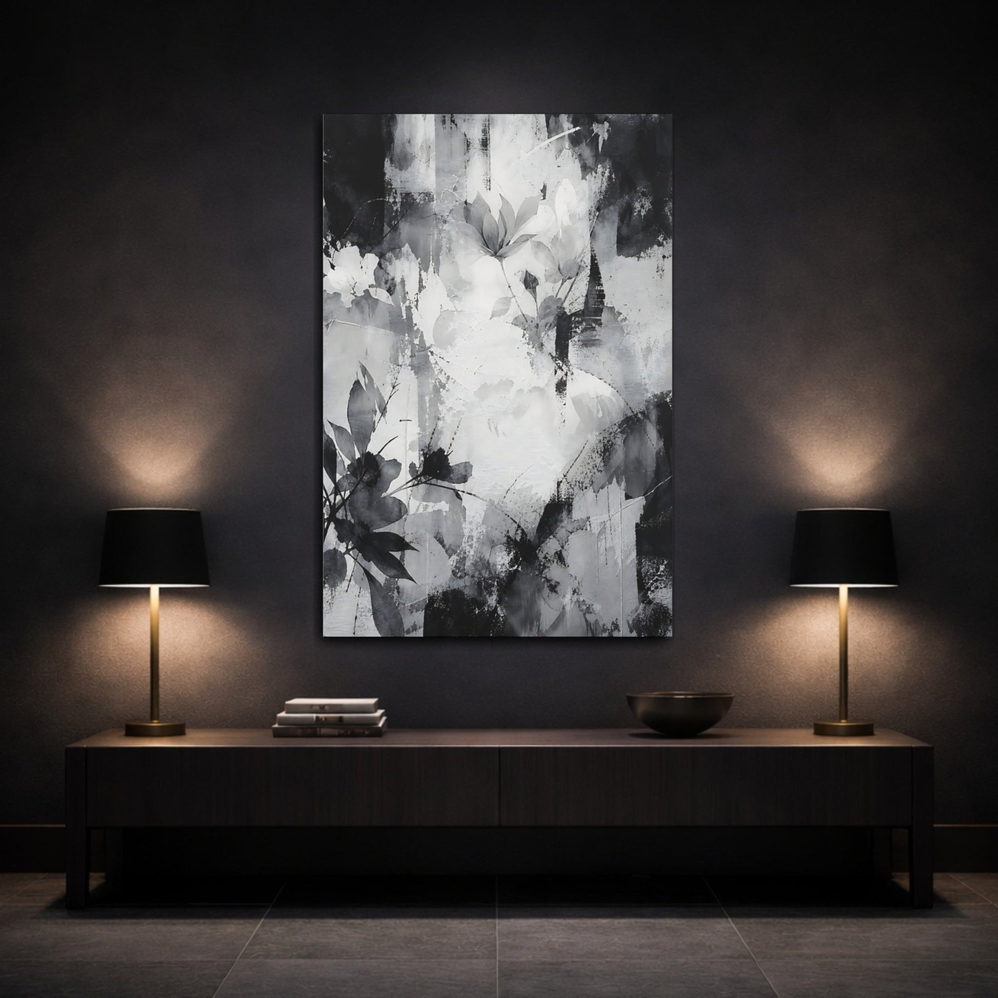 Floral Abstract Monochrome Canvas Print – Decor for Living Room, Above Fireplace - YesArtYes