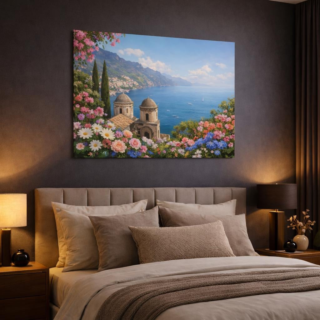 Floral Amalfi Coast shown as canvas wall art in a luxury bedroom