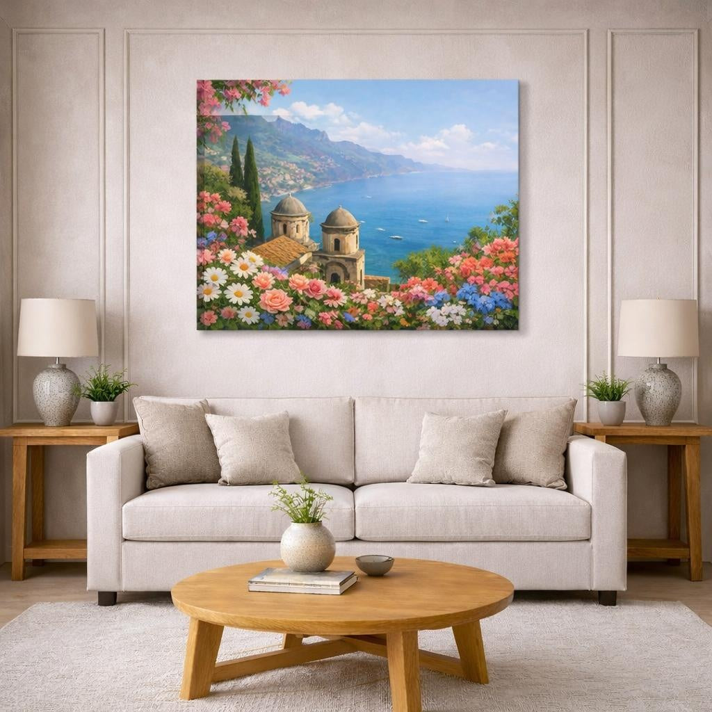 Floral Amalfi Coast shown as canvas wall art in a modern living room