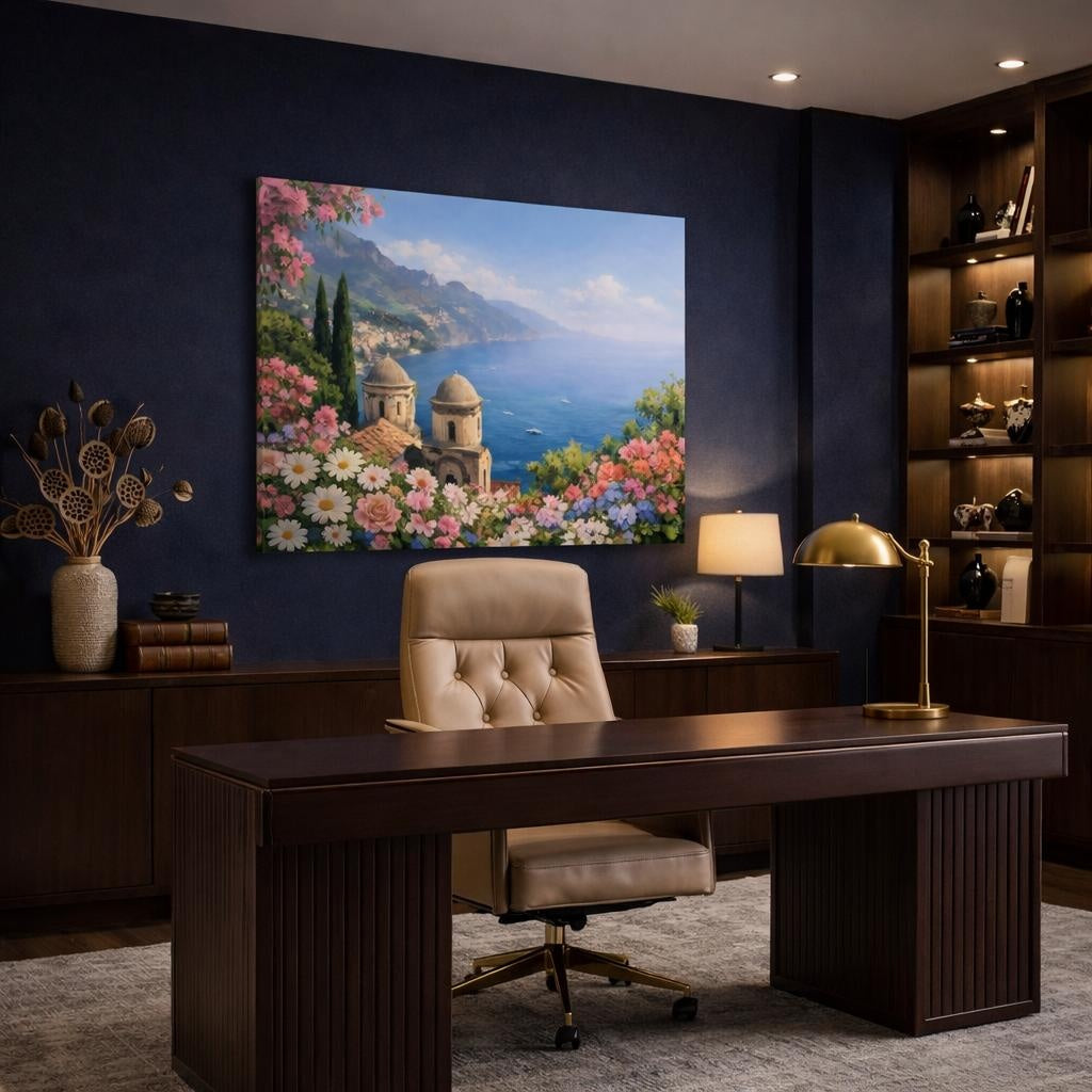 Floral Amalfi Coast shown as canvas wall art in a refined dining room