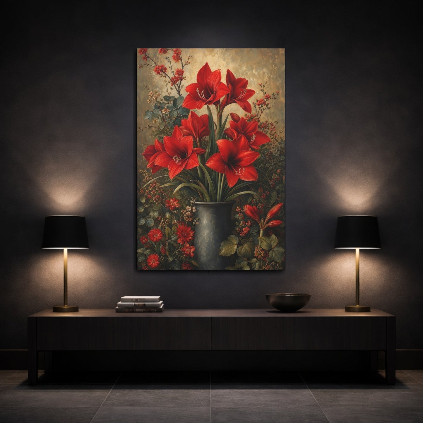 Mockup 3. Floral Amaryllis Red Amaryllis shown as canvas print