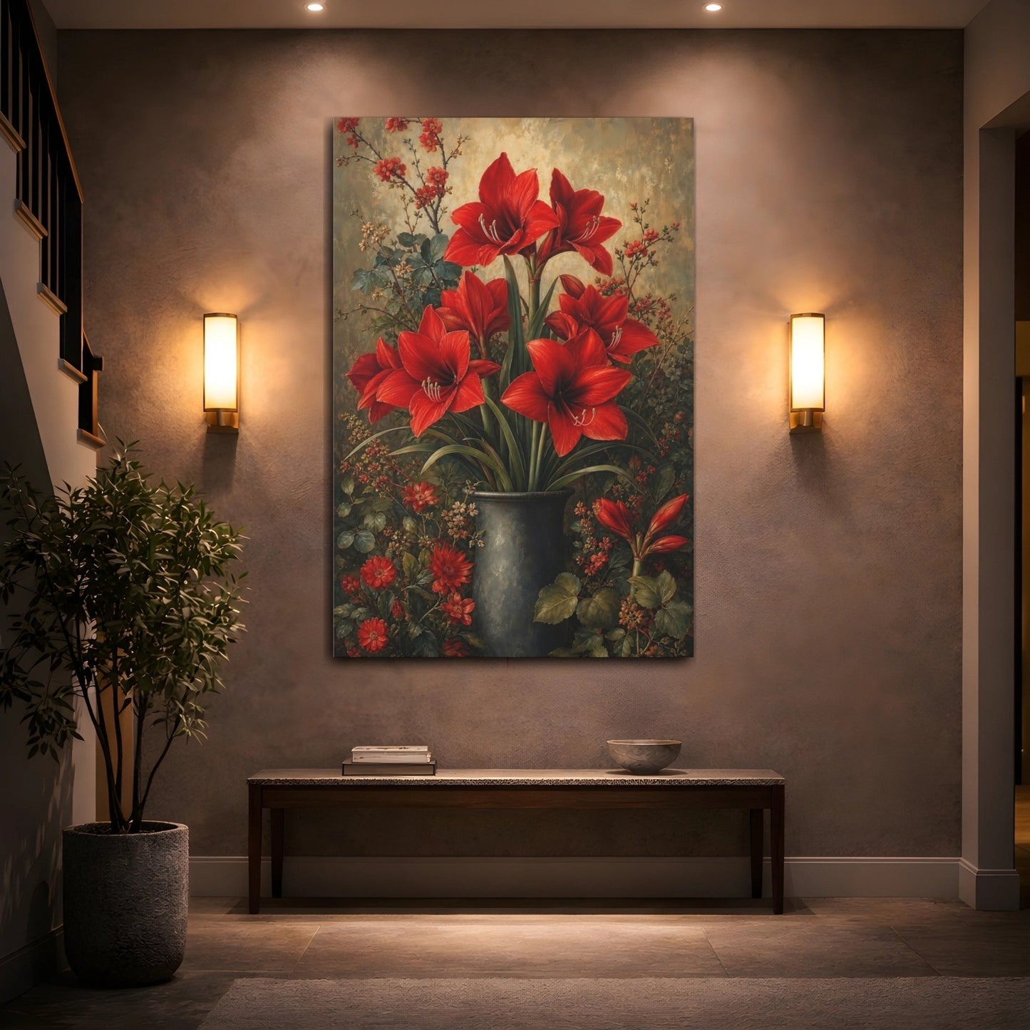 Floral Amaryllis Red Canvas Print – Living Room, Large Wall - YesArtYes