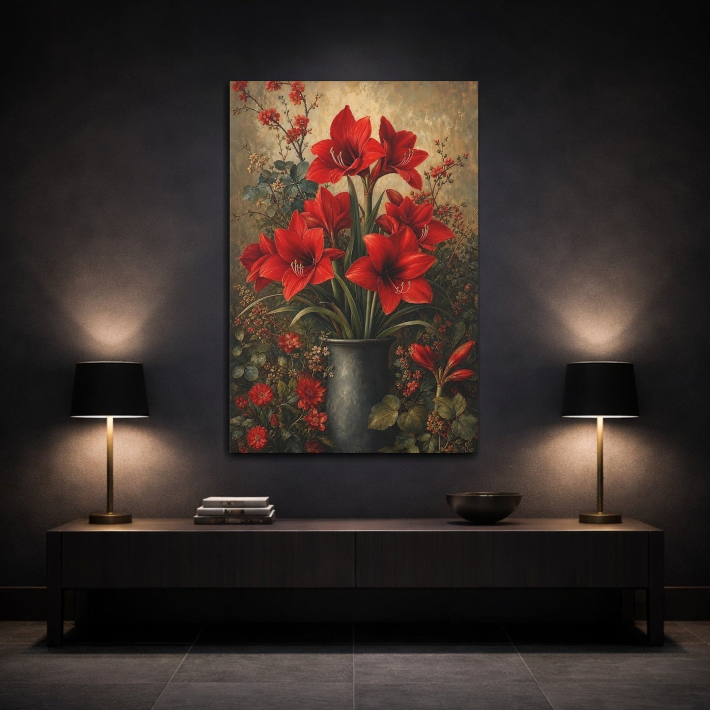 Floral Amaryllis Red Canvas Print – Living Room, Large Wall - YesArtYes