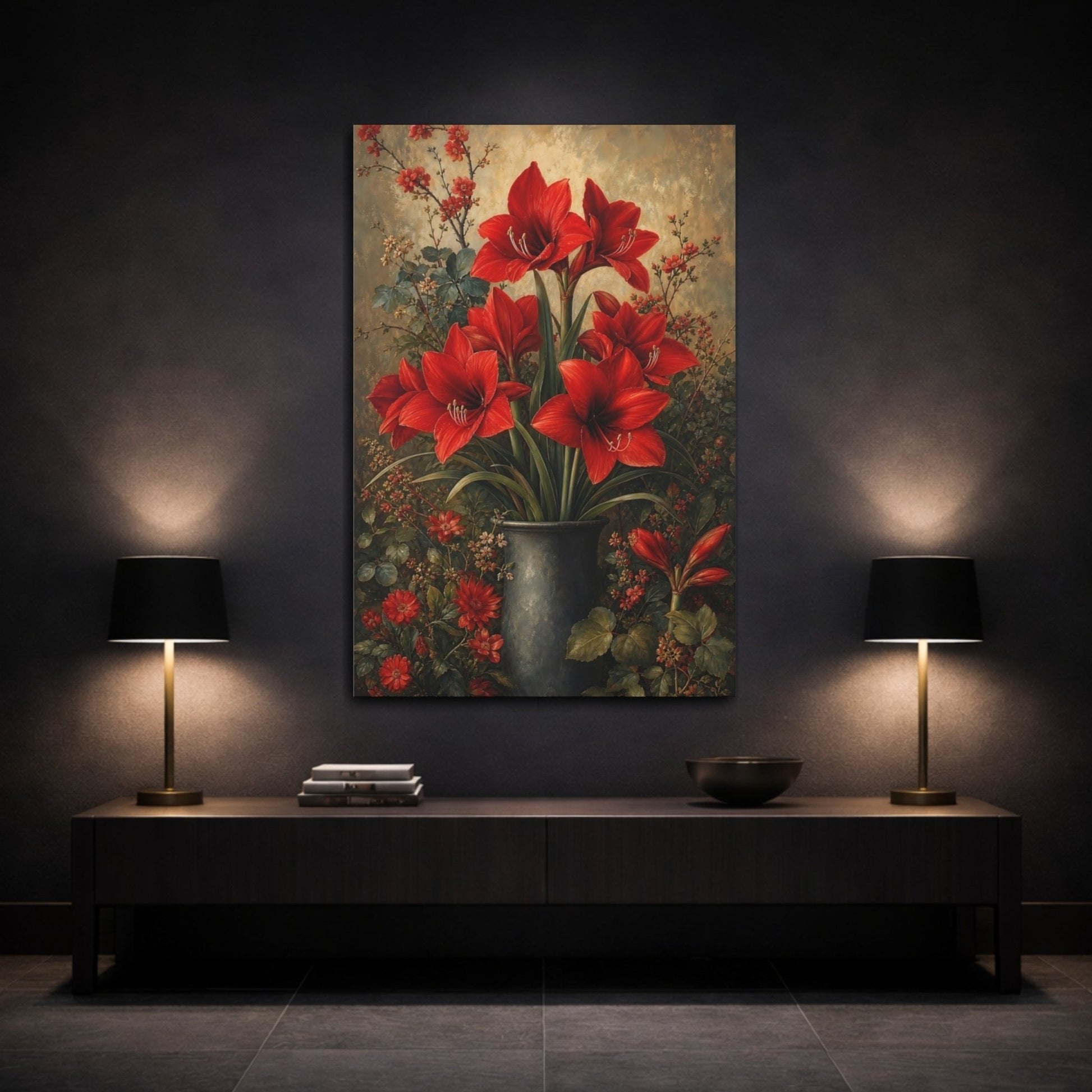 Floral Amaryllis Red Canvas Print – Living Room, Large Wall - YesArtYes