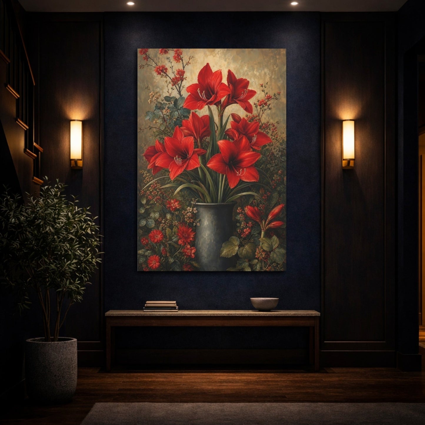 Floral Amaryllis Red Canvas Print – Living Room, Large Wall - YesArtYes