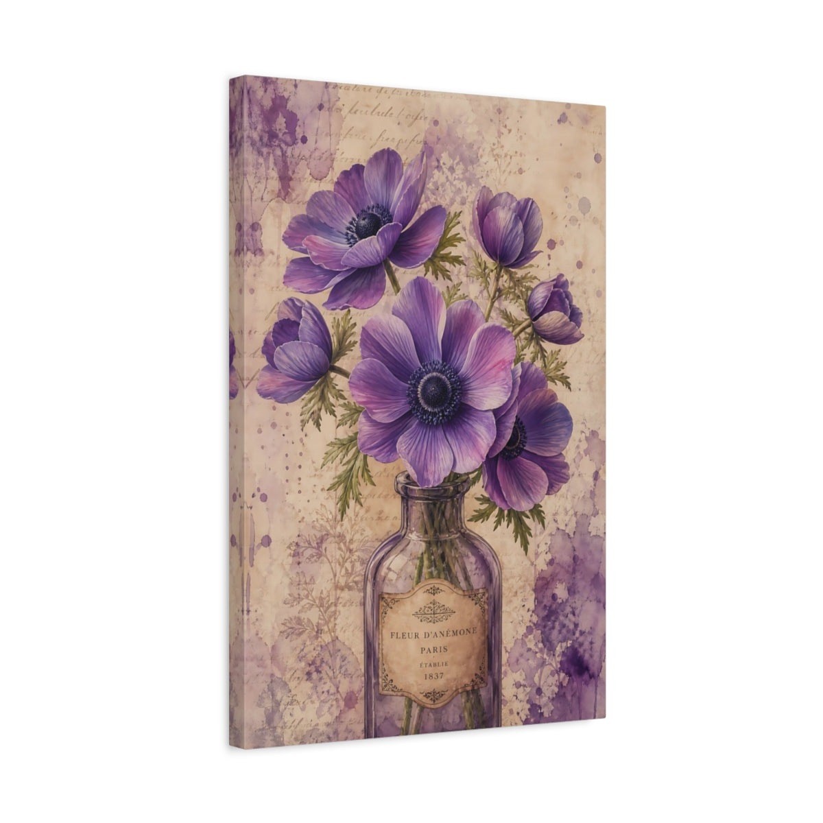 Side Mockup 3. Floral Anemone Flowers Purple Anemone shown as canvas print