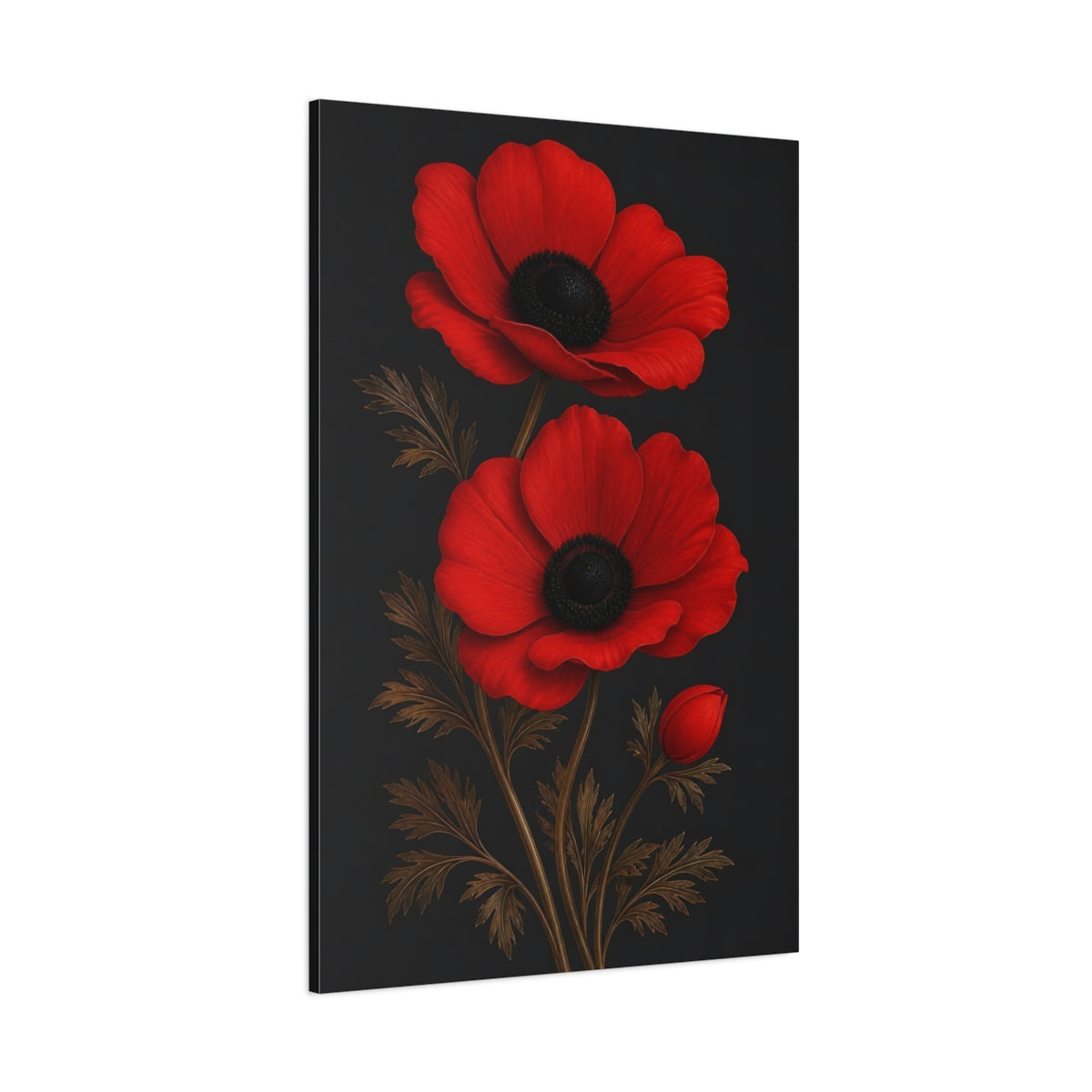 Side Mockup 1. Floral Anemone Flowers Red And Black shown as canvas print