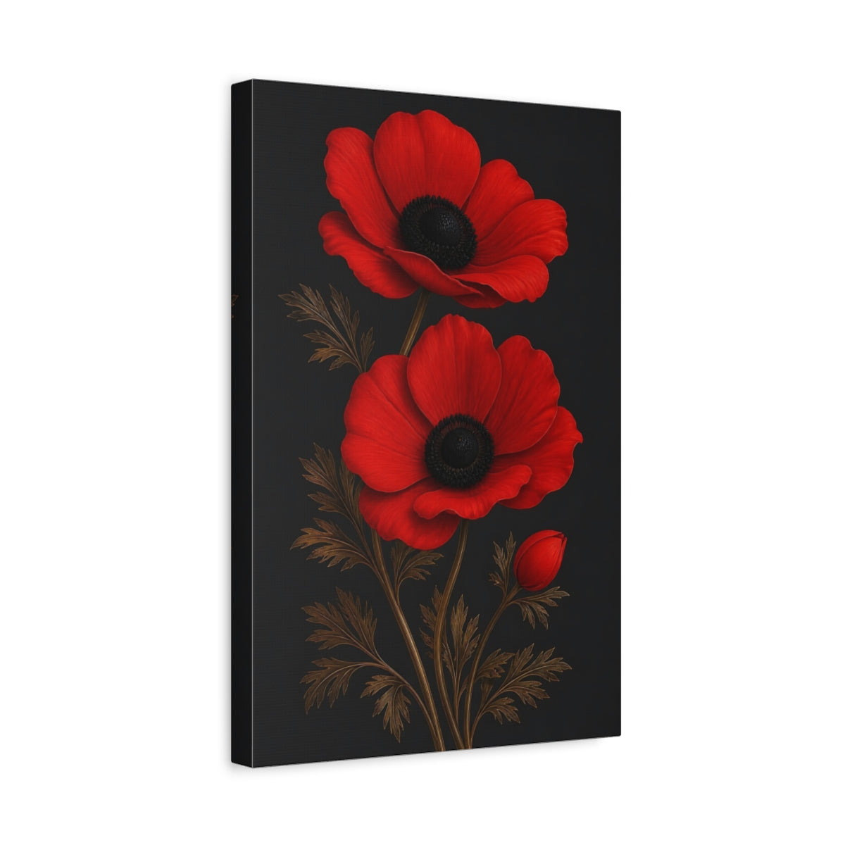 Side Mockup 4. Floral Anemone Flowers Red And Black shown as canvas print
