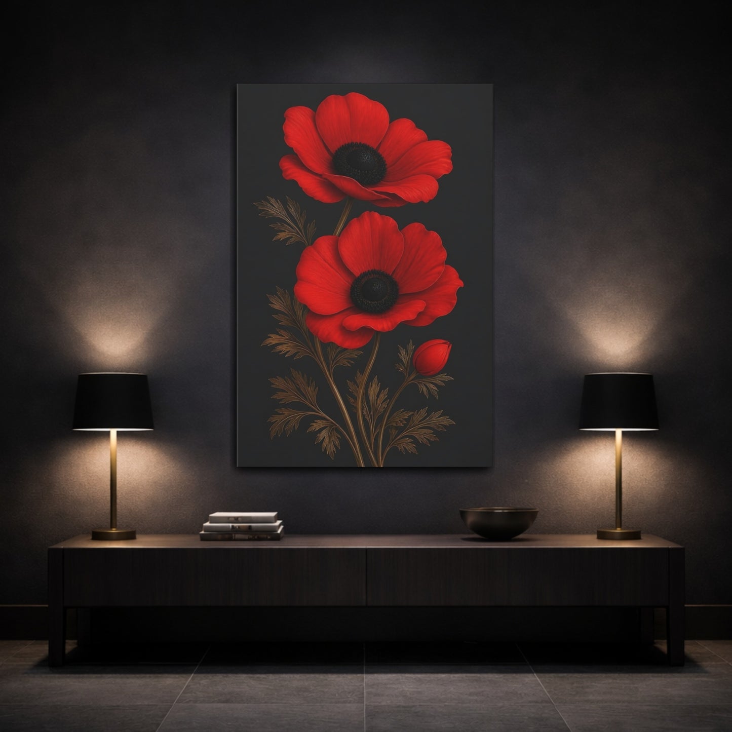 Mockup 3. Floral Anemone Flowers Red And Black shown as canvas print