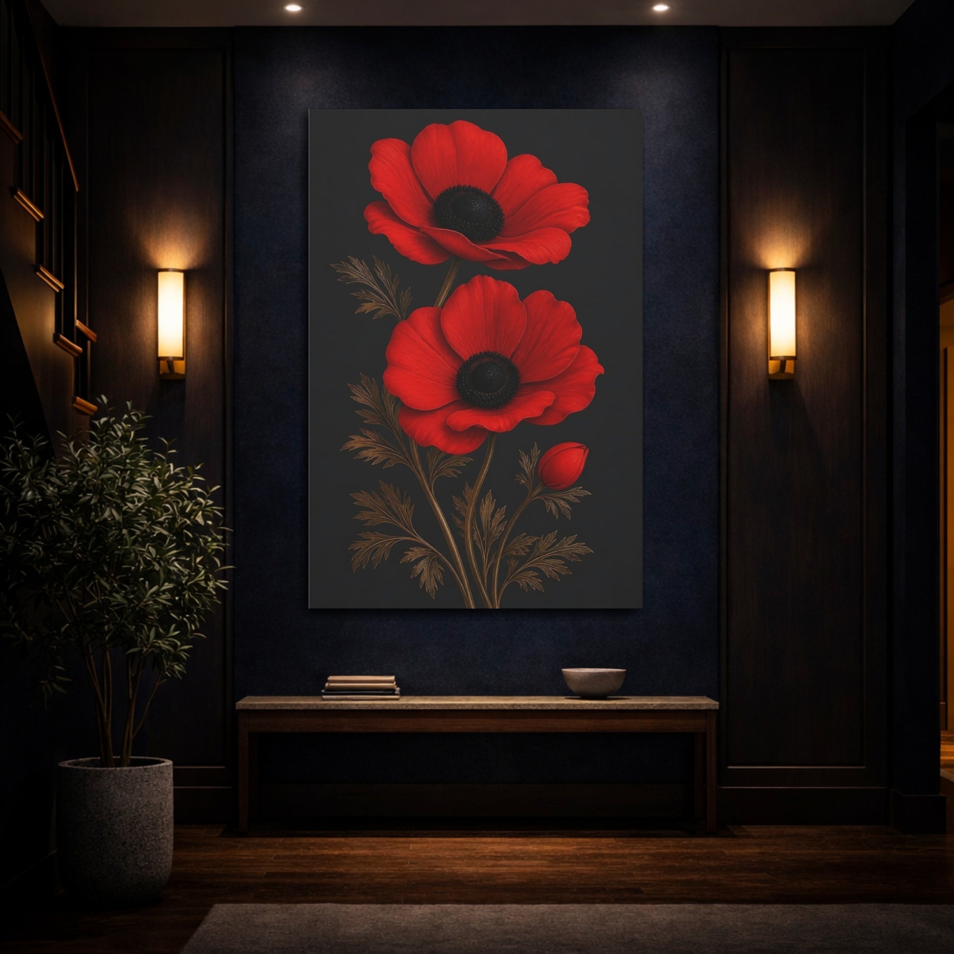 Mockup 4. Floral Anemone Flowers Red And Black shown as canvas print