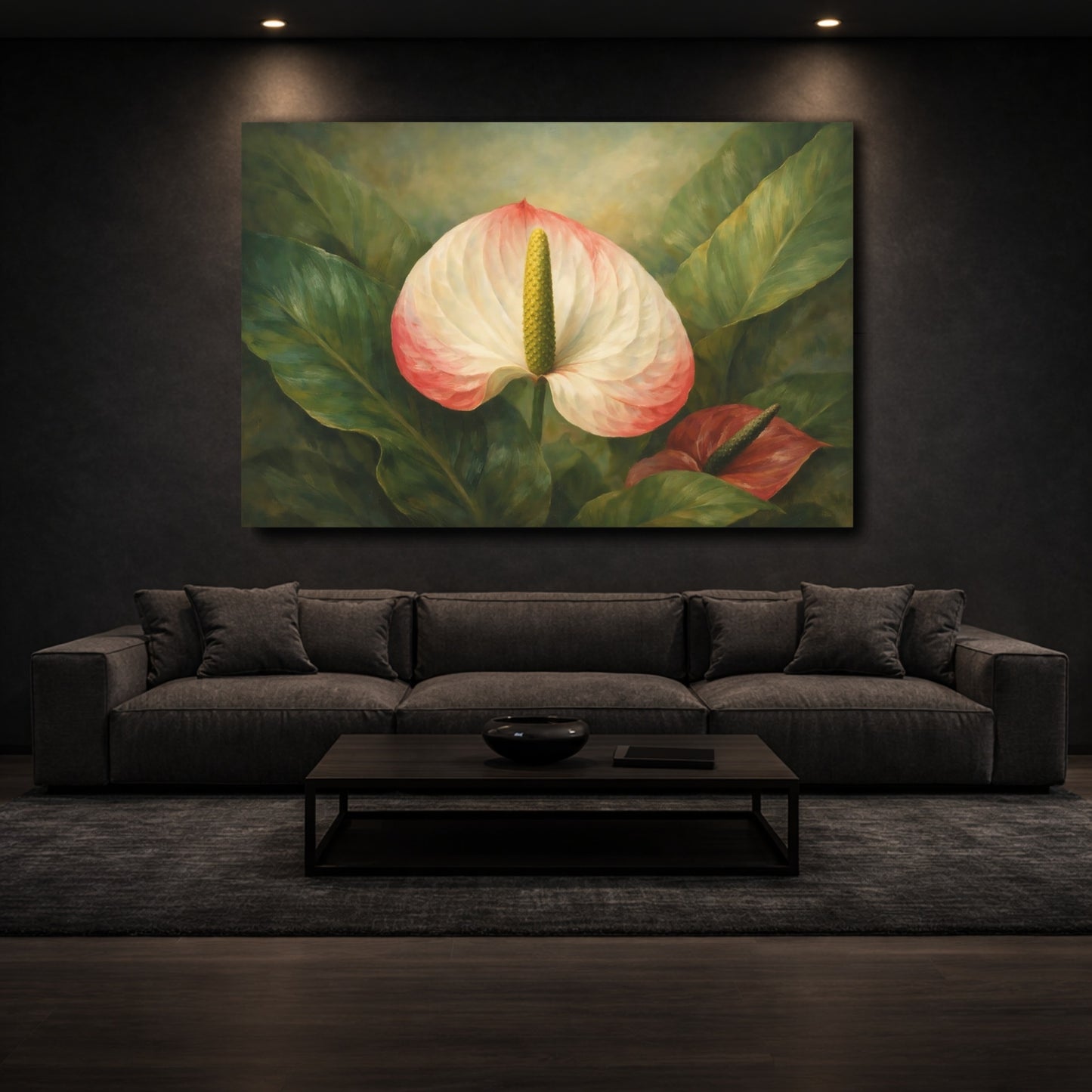 Mockup 2. Floral Anthurium Flower Pink Anthurium shown as stretched canvas wall art
