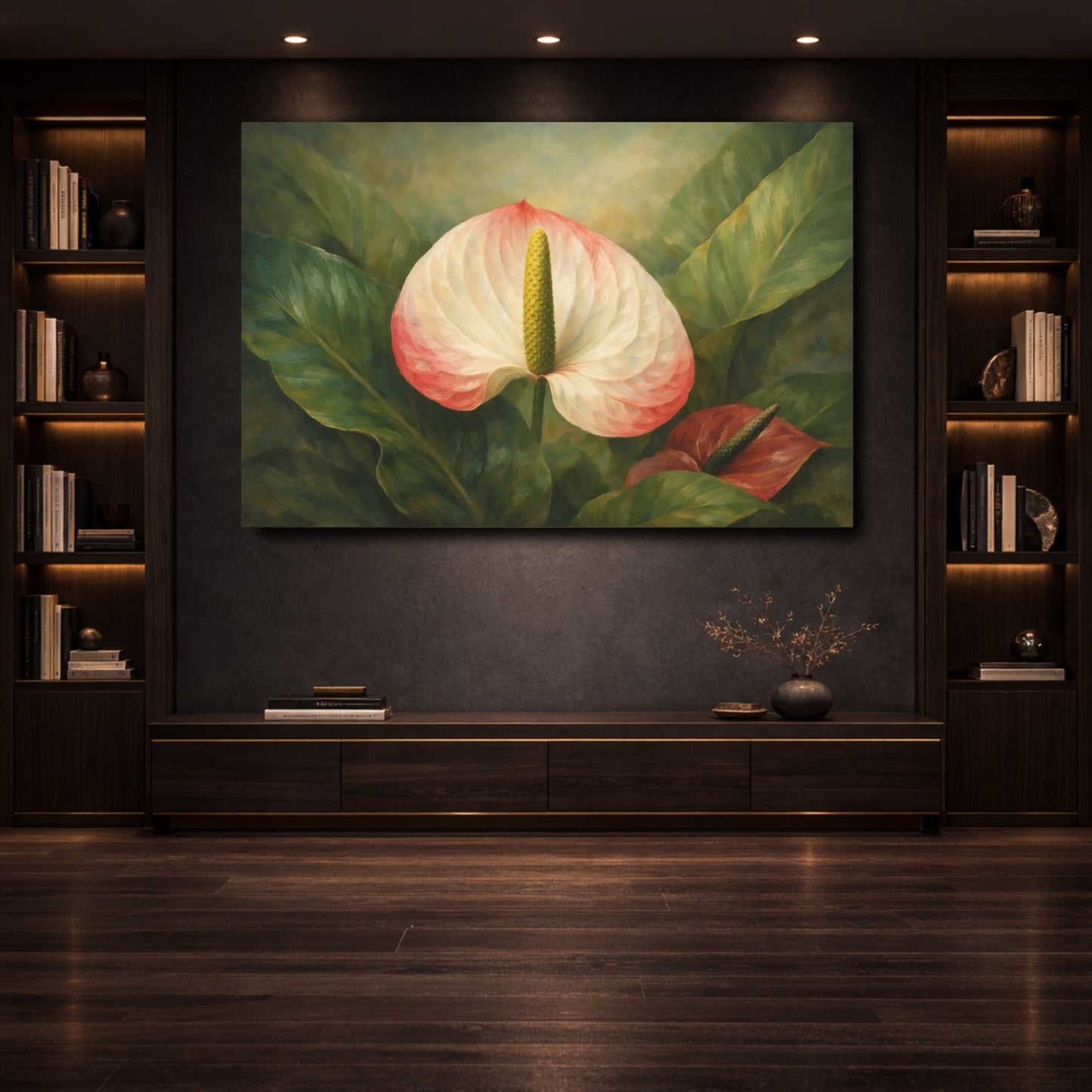Mockup 3. Floral Anthurium Flower Pink Anthurium shown as stretched canvas wall art
