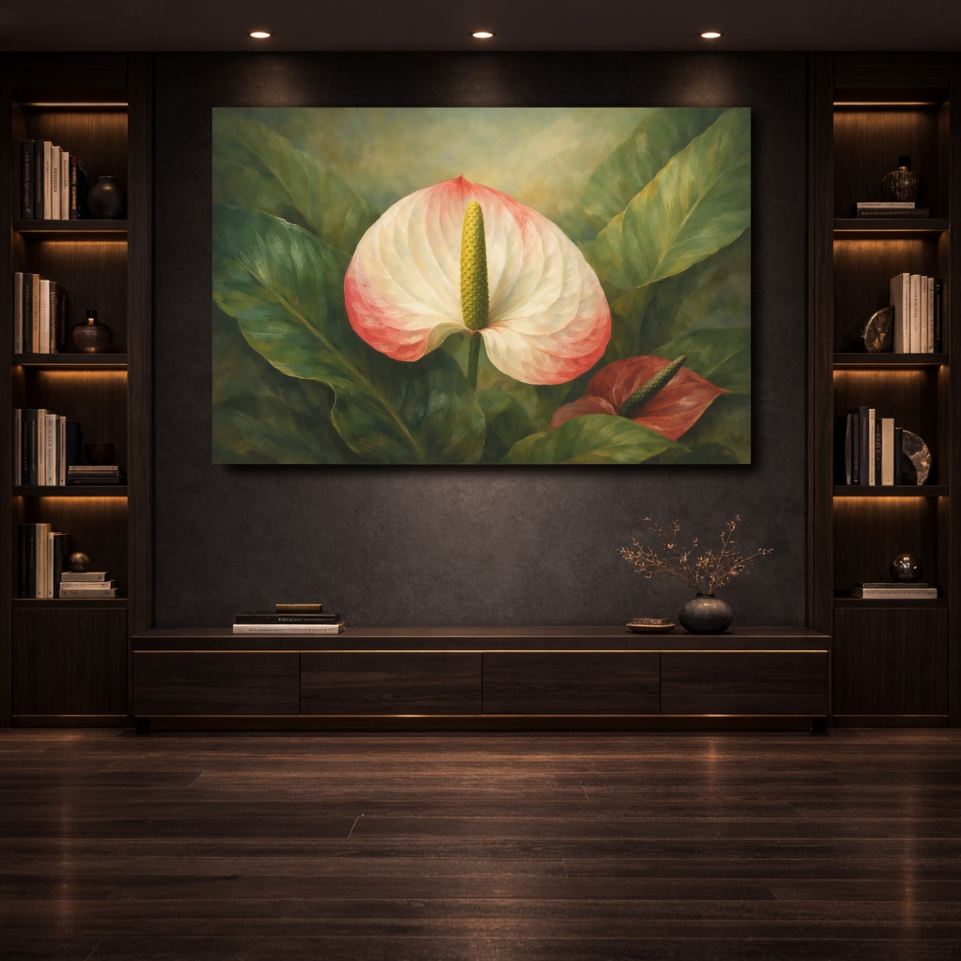 Mockup 3. Floral Anthurium Flower Pink Anthurium shown as stretched canvas wall art