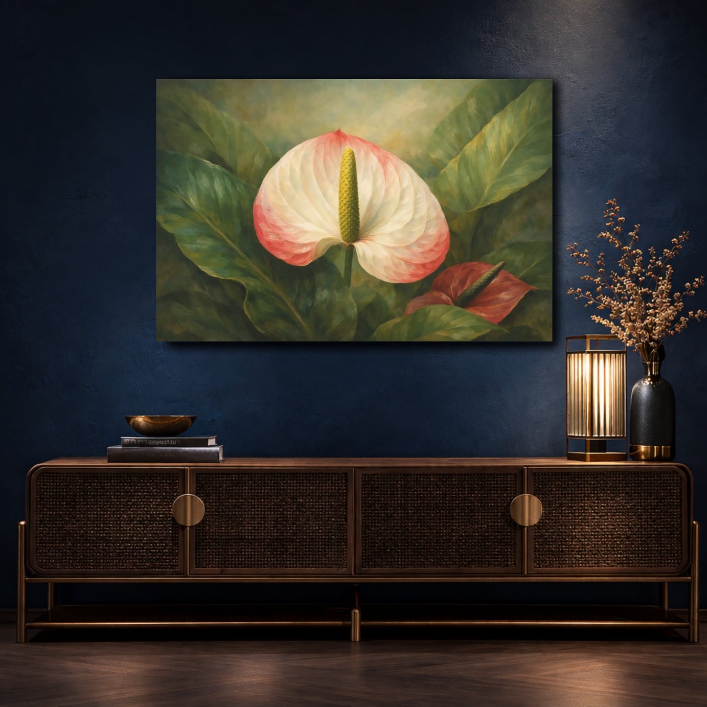 Mockup 4. Floral Anthurium Flower Pink Anthurium shown as stretched canvas wall art