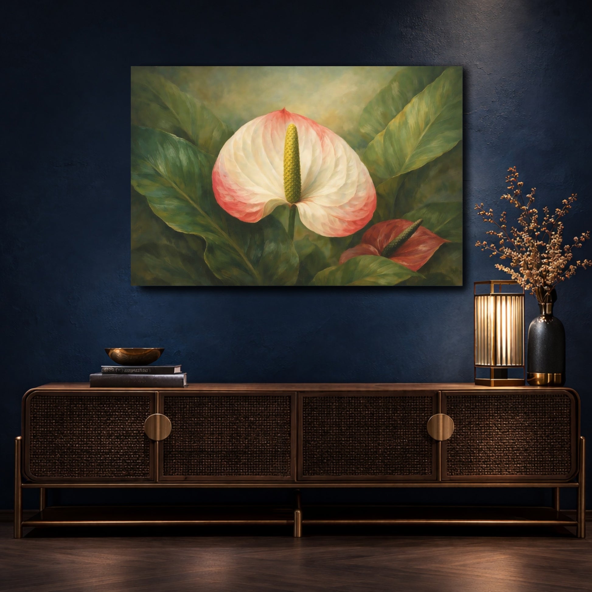 Mockup 4. Floral Anthurium Flower Pink Anthurium shown as stretched canvas wall art