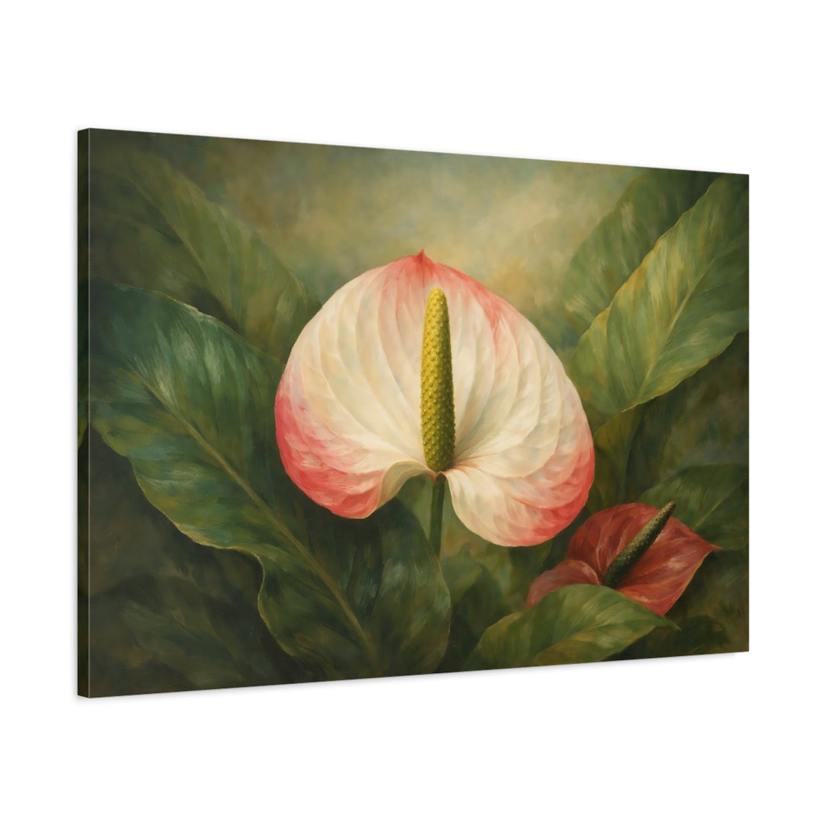 Side Mockup 1. Floral Anthurium Flower Pink Anthurium shown as stretched canvas wall art