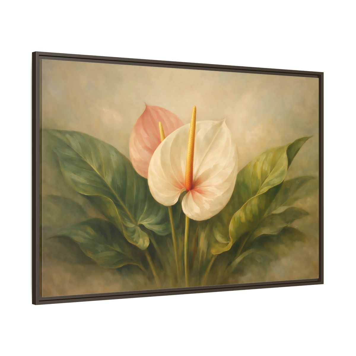 Main Mockup. Floral Anthurium Flowers Anthurium Pink Green shown as stretched canvas wall art