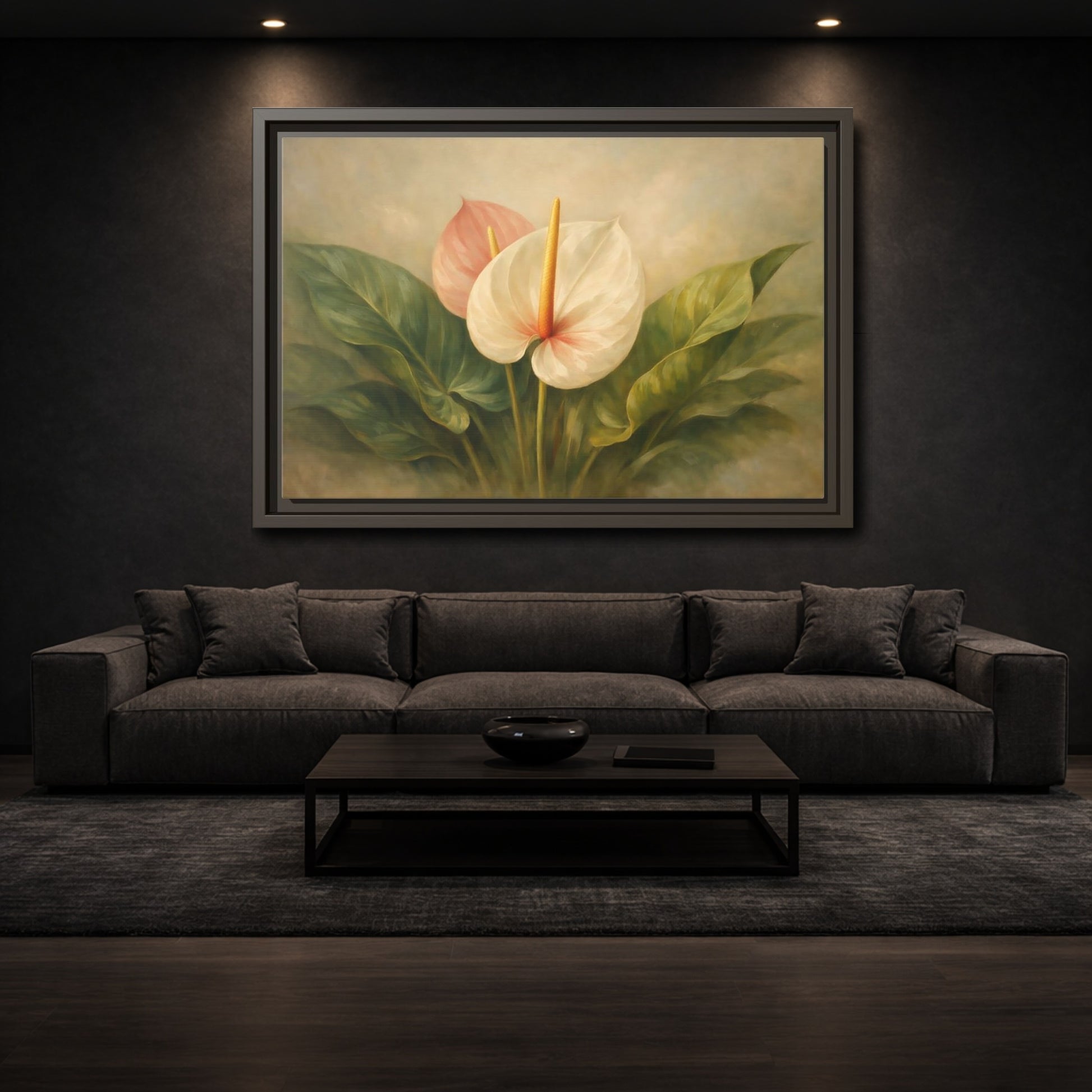 Mockup 2. Floral Anthurium Flowers Anthurium Pink Green shown as stretched canvas wall art