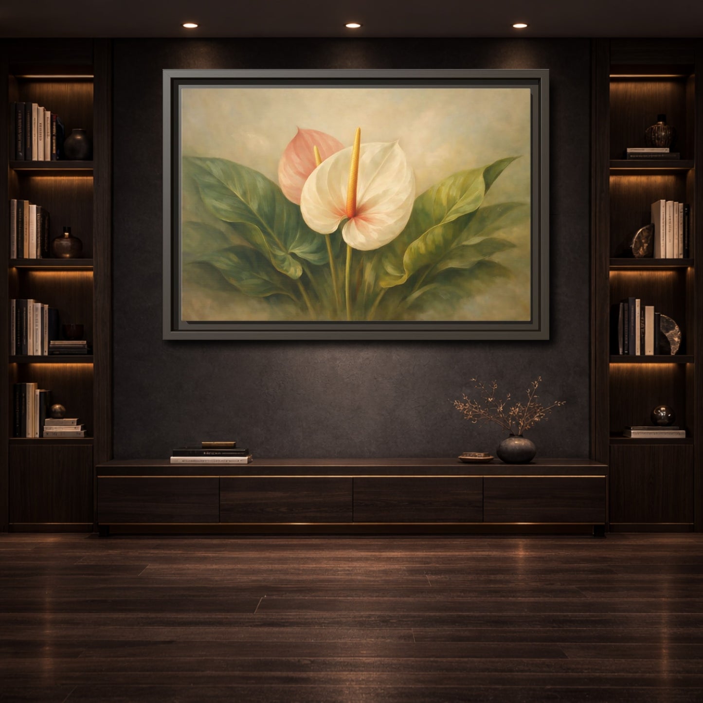Mockup 3. Floral Anthurium Flowers Anthurium Pink Green shown as stretched canvas wall art