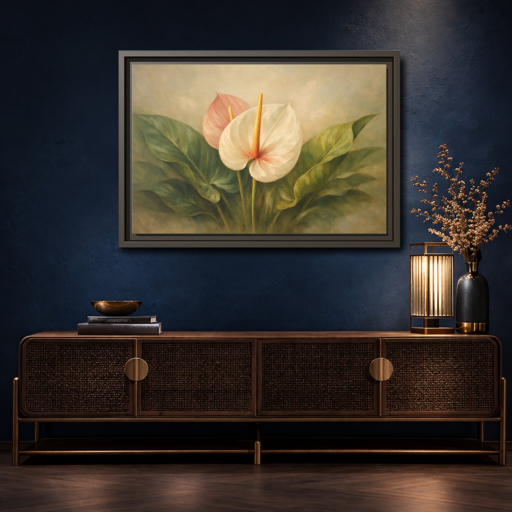 Mockup 4. Floral Anthurium Flowers Anthurium Pink Green shown as stretched canvas wall art