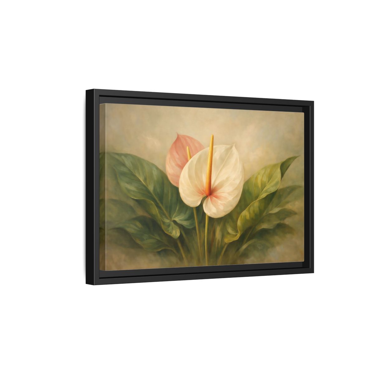 Side Mockup 6. Floral Anthurium Flowers Anthurium Pink Green shown as stretched canvas wall art