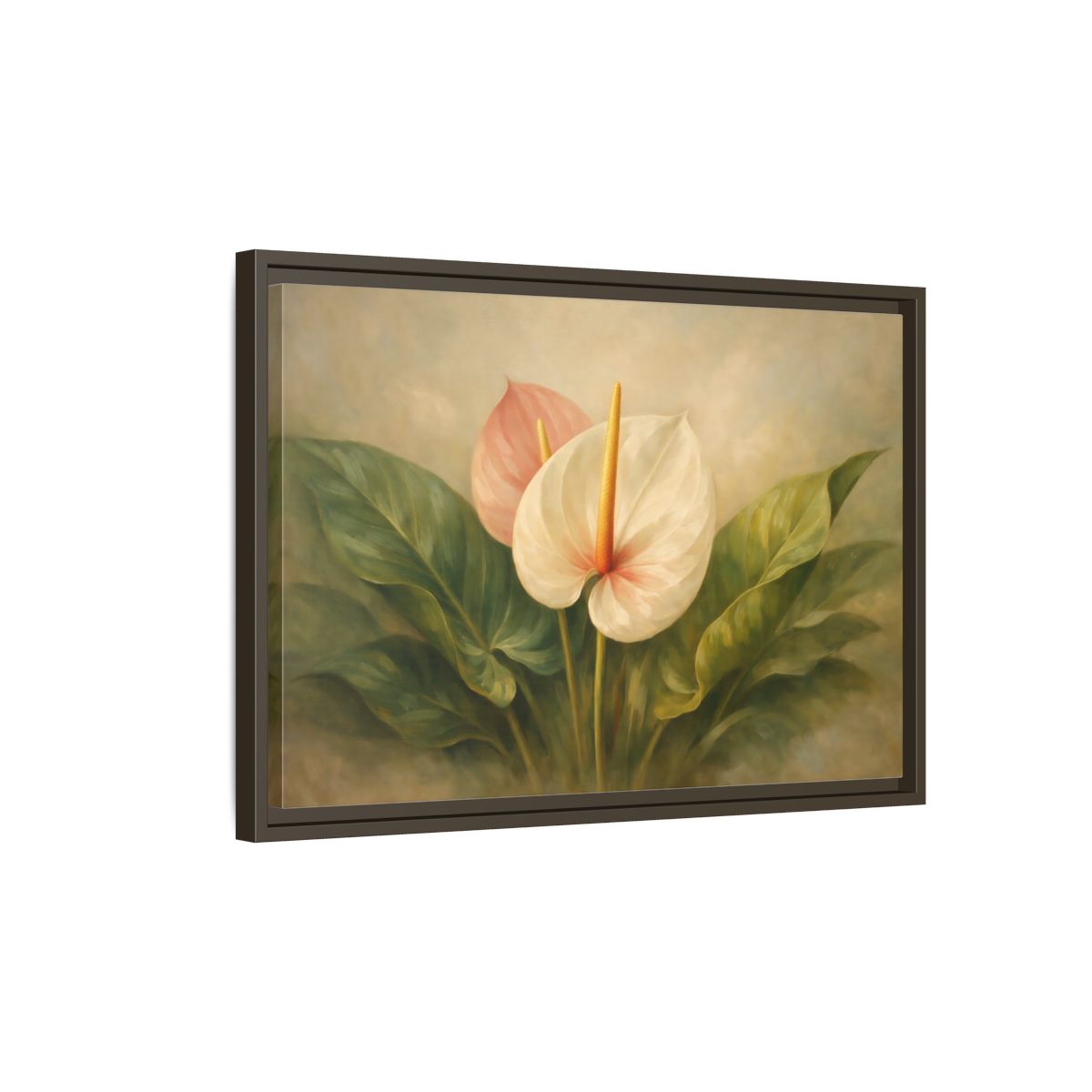 Side Mockup 2. Floral Anthurium Flowers Anthurium Pink Green shown as stretched canvas wall art