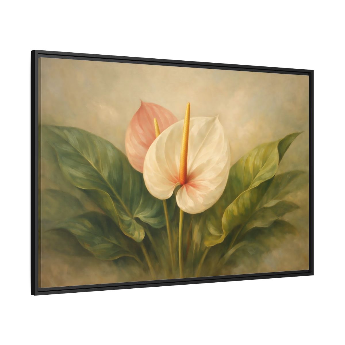 Side Mockup 12. Floral Anthurium Flowers Anthurium Pink Green shown as stretched canvas wall art