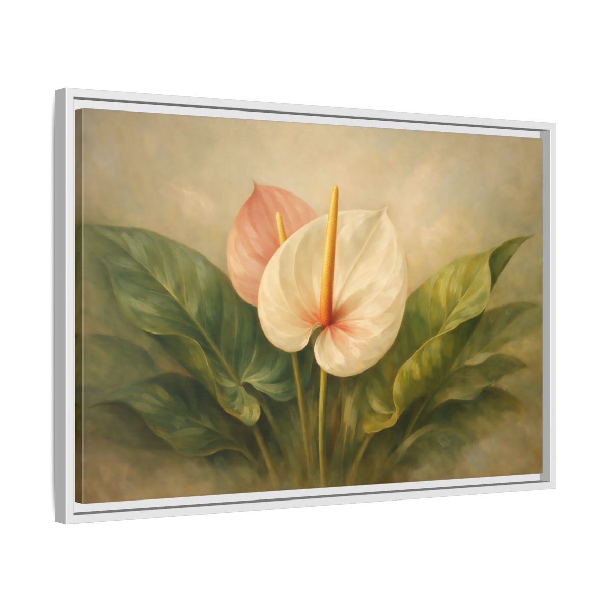 Side Mockup 10. Floral Anthurium Flowers Anthurium Pink Green shown as stretched canvas wall art