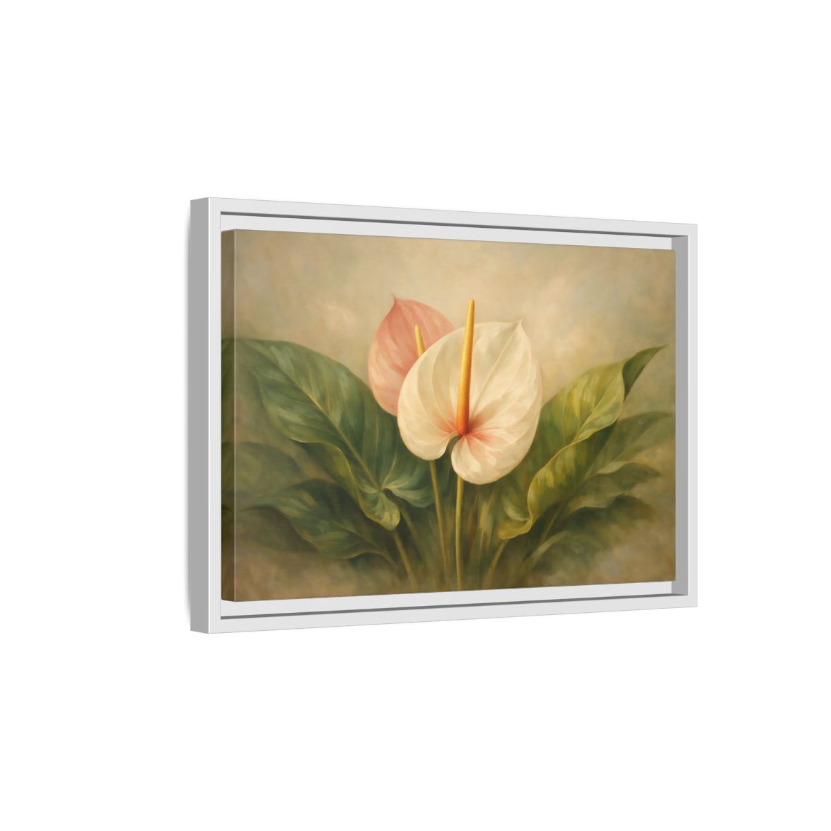 Side Mockup 4. Floral Anthurium Flowers Anthurium Pink Green shown as stretched canvas wall art