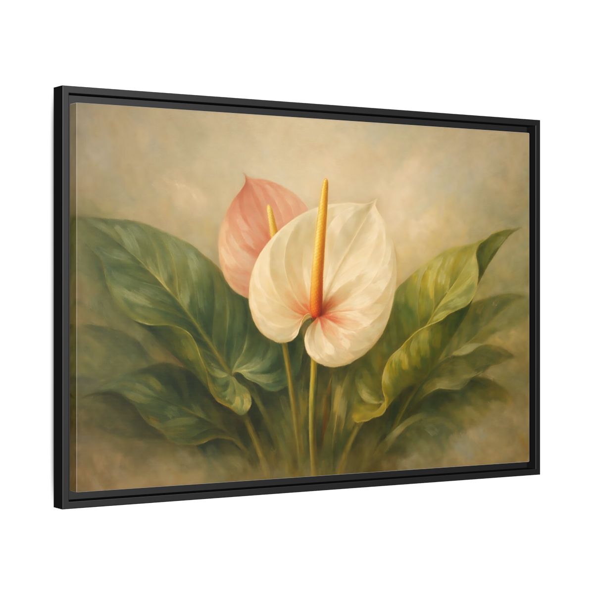 Side Mockup 13. Floral Anthurium Flowers Anthurium Pink Green shown as stretched canvas wall art