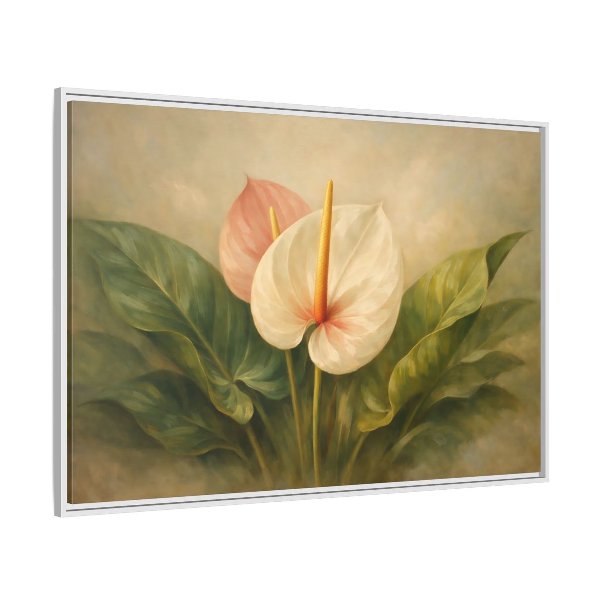 Side Mockup 7. Floral Anthurium Flowers Anthurium Pink Green shown as stretched canvas wall art