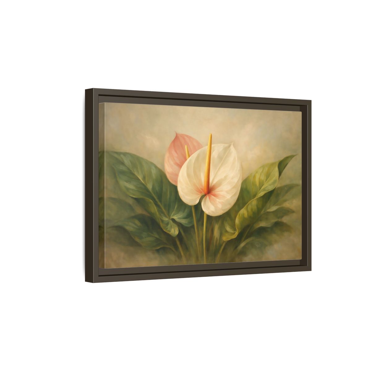 Side Mockup 5. Floral Anthurium Flowers Anthurium Pink Green shown as stretched canvas wall art