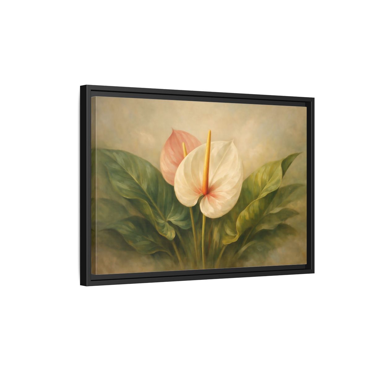 Side Mockup 3. Floral Anthurium Flowers Anthurium Pink Green shown as stretched canvas wall art