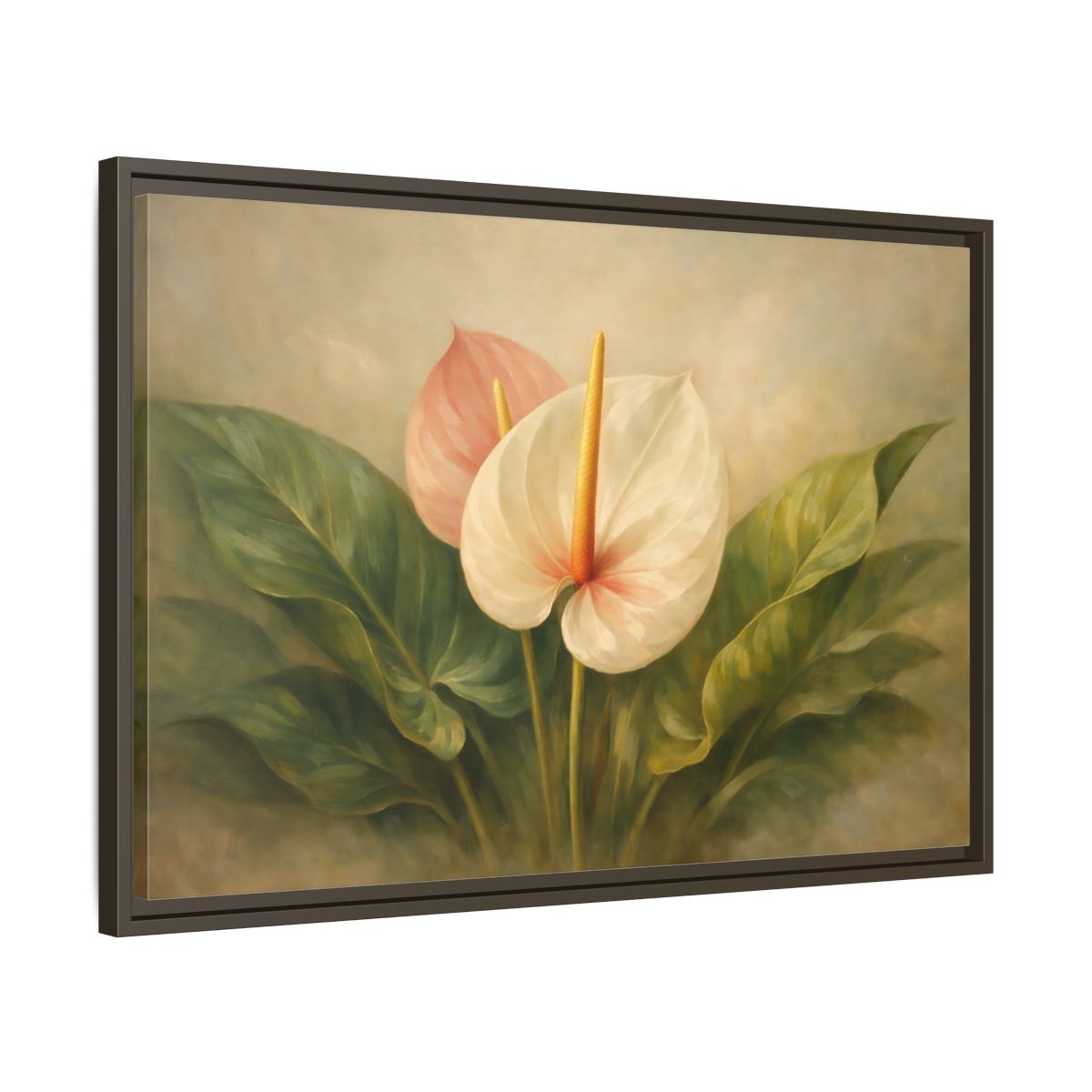 Side Mockup 11. Floral Anthurium Flowers Anthurium Pink Green shown as stretched canvas wall art